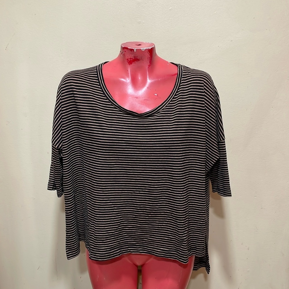 Free People Black & Beige Striped Short Sleeve Tee High Cut Sides Oversized XS